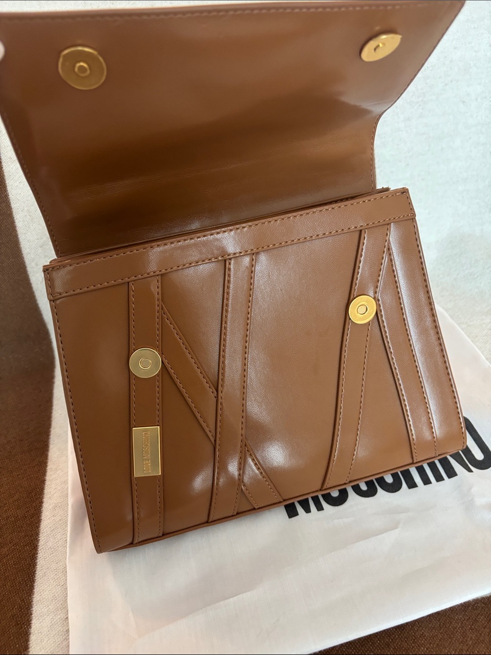 NWOT Love Moschino Tan Brown Top-Handle Satchel with Gold Hardware w/ dust bag - Picture 7 of 9